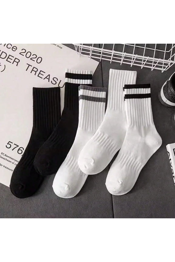 5-Pack Men's Striped Crew Socks: Sleek Black & White Hues, Ribbed Details To Elevate Casual And Athletic Styles