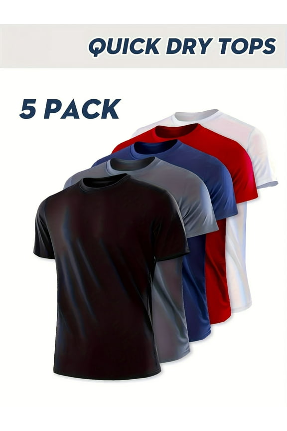 5-Pack Men's Summer Round Neck Quick-Dry Short Sleeve T-Shirts - Moisture-Wicking, Soft, Comfortable, Suitable for Daily Sports and Leisure