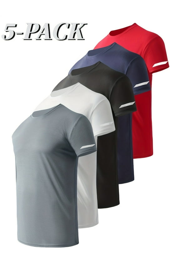 5-Pack Men's Summer Sports Crew Neck Quick-Dry T-Shirts - Quick-Dry Lightweight Short Sleeves - Versatile Printed Short Sleeves Suitable for Gym, Workout, Running, Casual Daily Wear