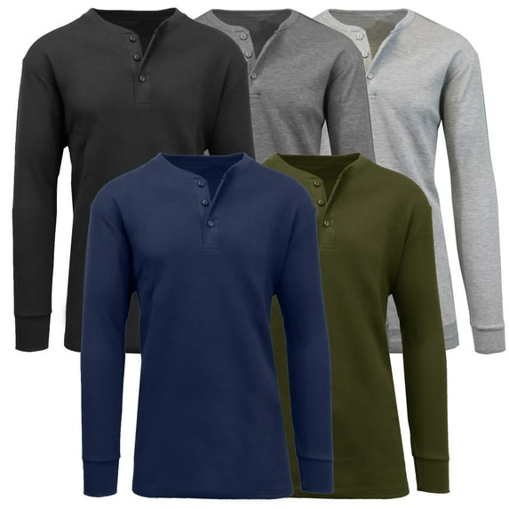 5-Pack Men's Thermal Shirts - Waffle Knit Henley & Crew Neck Styles, Long Sleeve, Soft & Warm Layers for Winter
