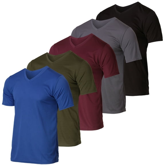 5 Pack: Men’s V-Neck Mesh Moisture Wicking Active Athletic Performance Short Sleeve T-Shirt
