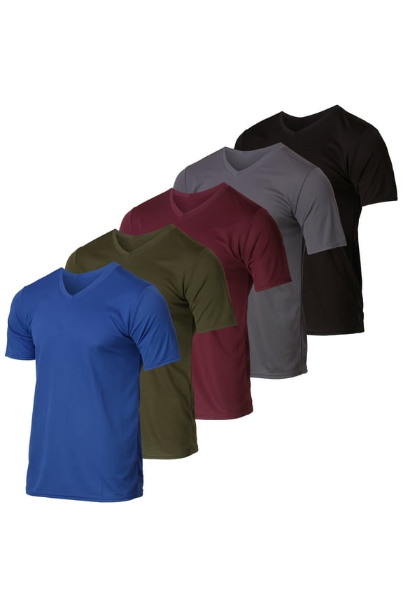 5 Pack: Men’s V-Neck Mesh Moisture Wicking Active Athletic Performance Short Sleeve T-Shirt