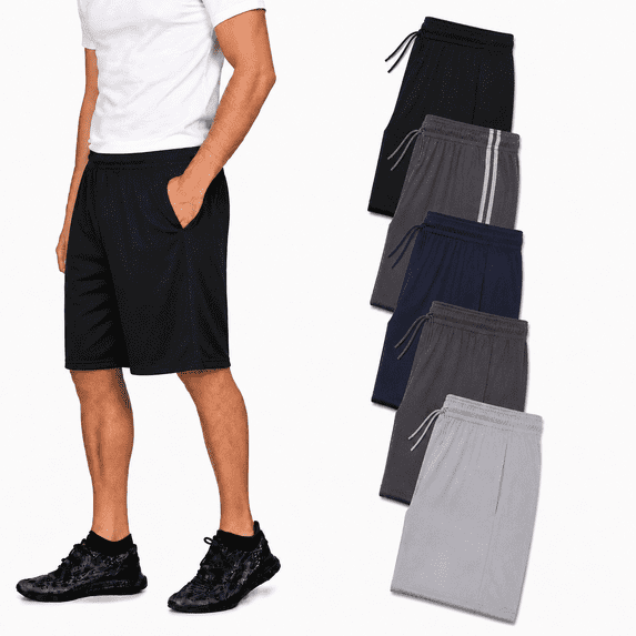 5 Pack: Mens Moisture Wicking Athletic Basketball & Gym Workout Shorts with Pockets Multipack, Sizes up to 3XL