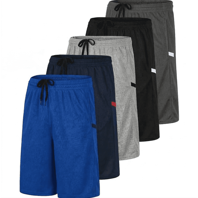 5 Pack: Mens Moisture Wicking Athletic Basketball & Gym Workout Shorts with Pockets Multipack, Sizes up to 3XL