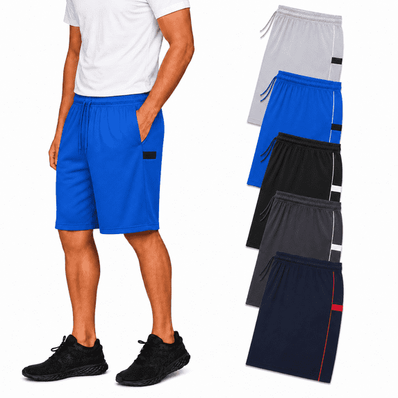 5 Pack: Mens Moisture Wicking Athletic Basketball & Gym Workout Shorts with Pockets Multipack, Sizes up to 3XL