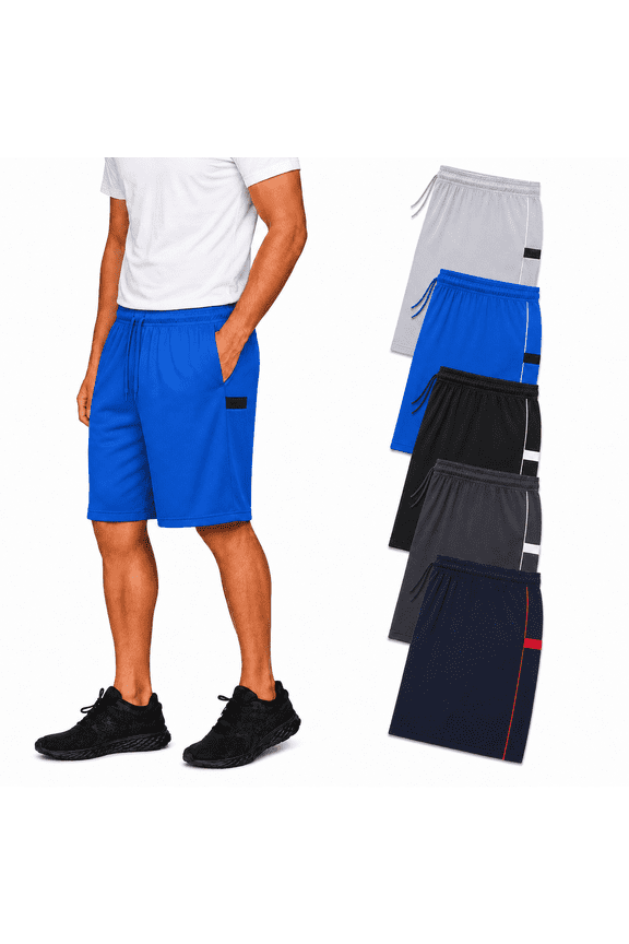 5 Pack: Mens Moisture Wicking Athletic Basketball & Gym Workout Shorts with Pockets Multipack, Sizes up to 3XL