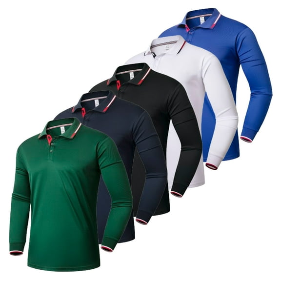5 Pack Mens Polo Shirts Breathable Moisture Wicking Work Polo T Shirts Casual Tops Long Sleeve Golf Shirts Sports Tee