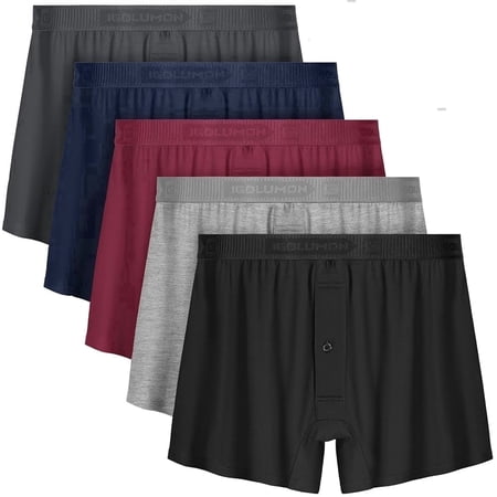 5 Pack Mens Underwear Bamboo Rayon Relaxed Fit Boxer Shorts with Button Fly, Soft and Breathable Comfort, M