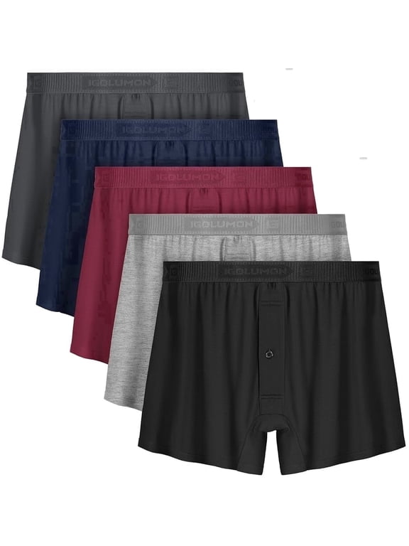 5 Pack Mens Underwear Bamboo Rayon Relaxed Fit Boxer Shorts with Button Fly, Soft and Breathable Comfort, 2XL