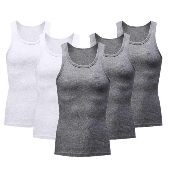 5 Pack Mens Workout Tank Tops Sleeveless Tight Athletic Shirts Comfort Running Gym Active Wear Crewneck Undershirt, 3PC Gray&2PC White, L