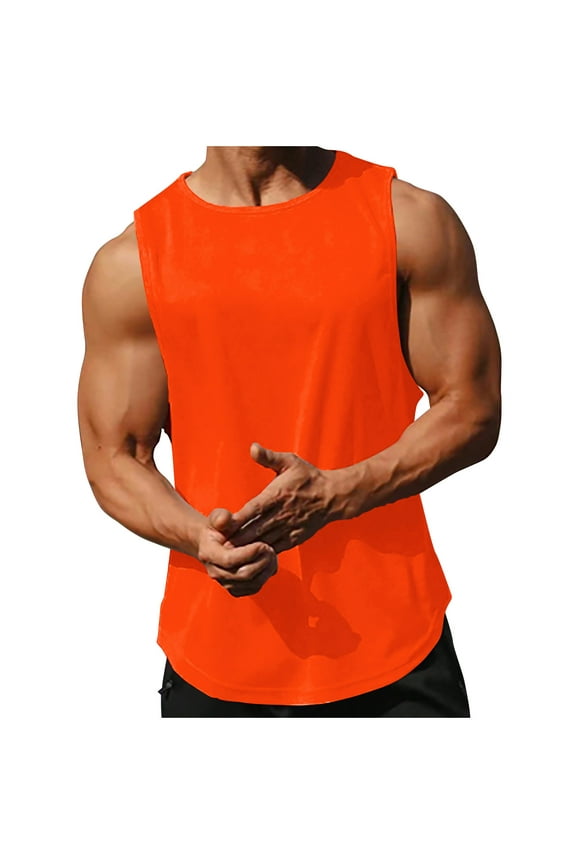 5 Pack Mens Workout Tank Tops Sleeveless Tight Athletic Shirts Comfort Running Gym Active Wear Crewneck Undershirt, Orange, XL