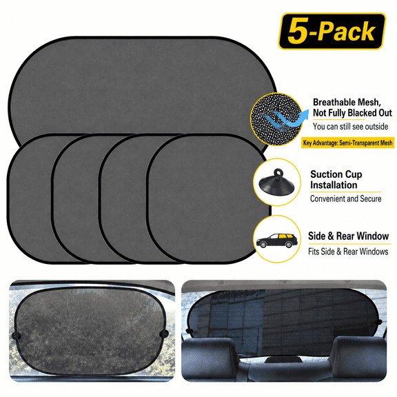 5 Pack Mesh Car Sun Shade with Suction Cups, Side Rear Window UV Heat Block, Universal Fit, Black