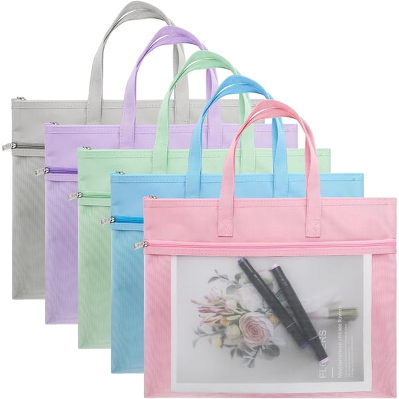 5 Pack Mesh Zipper Pouch with Handle, A4 Double Layer Document Storage Bag, File Pocket for Paper Books Art Supplies, Foldable Folder Bag Suitable for Office Travel Carry, 5 Colors