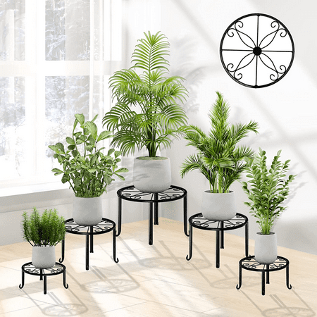 5 Pack Metal Plant Stand for Outdoor Indoor Plants, Heavy Duty Flower Pot Stands Stool for Multiple Plant, Rustproof Iron Round Plant Shelf for Planter, Potted Plant Holder for Garden Home (Black)