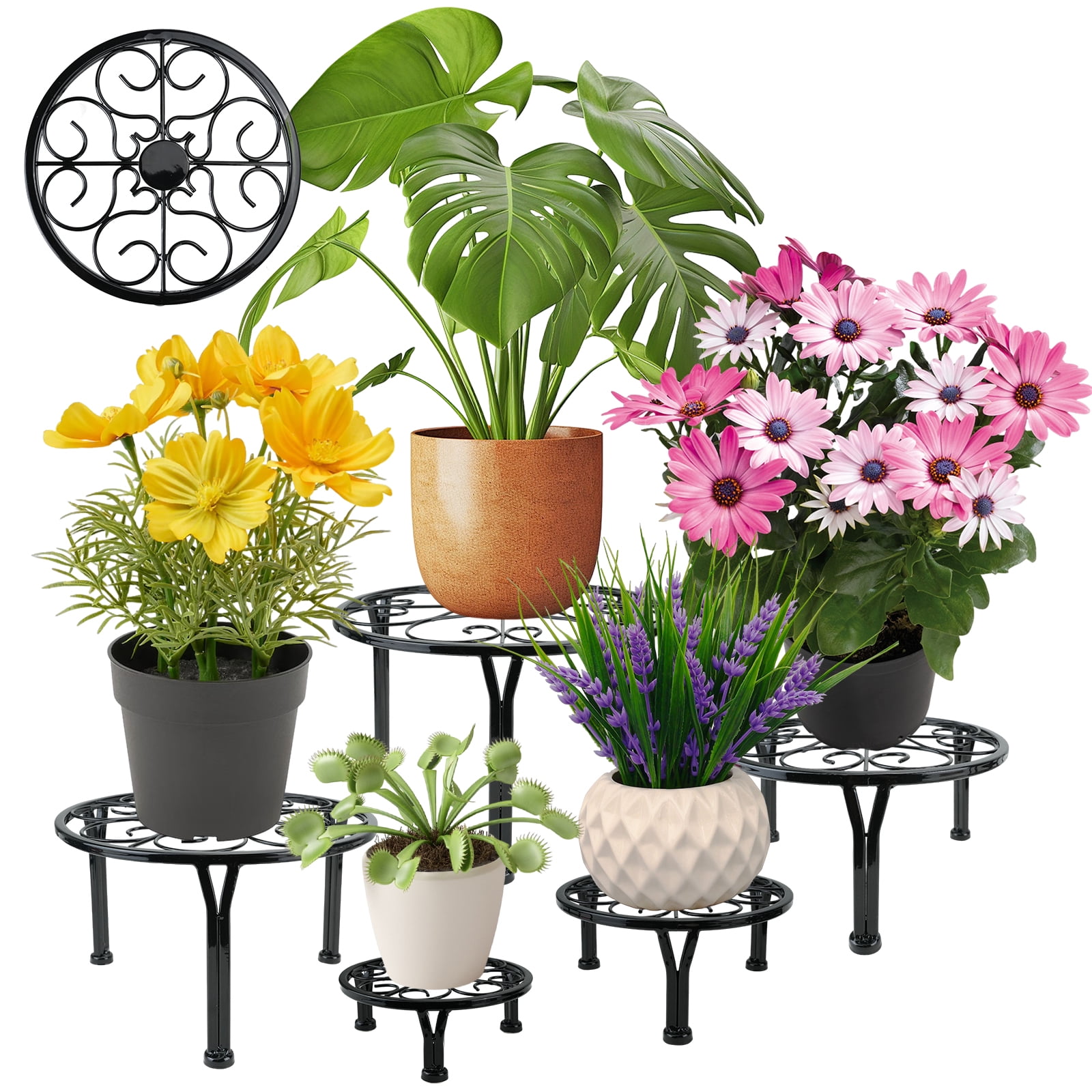 ZZBIQS 5-Pack Plant Stands for Indoor and Outdoor, Multiple Heavy Duty Flower Pot Stands Rack , Round Plant Shelf for Home Garden, Black