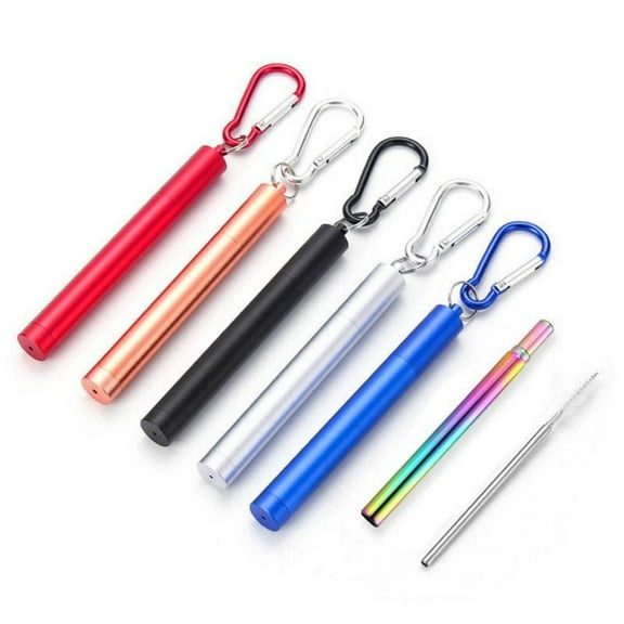 5 Pack Metal Straws Reusable Collapsible Stainless Steel Straws Portable Telescopic Drinking Straw for Tumbler Cold Beverage with Aluminum Key-chain Cases, Cleaning Brushes
