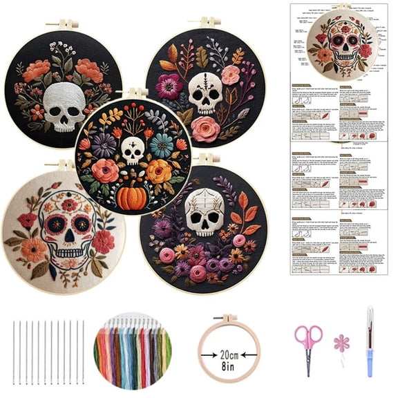 5Pack Mexican Floral Skull Embroidery Kits DIY Cross Stitch Set for Beginners Includes Hoops Threads Patterns Gift for Room Decor Tote or Apparel