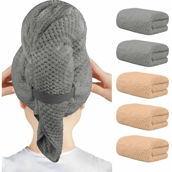 5 Pack Microfiber Hair Towels - 40 x 20 inches Super Soft, Fast Drying Turbans for Long, Thick, Curly Hair - Anti Frizz Wrap with Elastic Strap, Brown/Grey