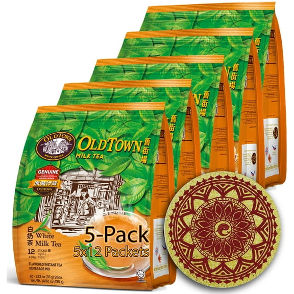 (5-Pack - MilkTea) OLD TOWN (3 in 1) Milk Tea White MilkTea Asian Instant MilkTea Package with a WHALEVER Eco Friendly Cork Coasters MilkTea Lover Package, oldtown White Coffee 60 Packets