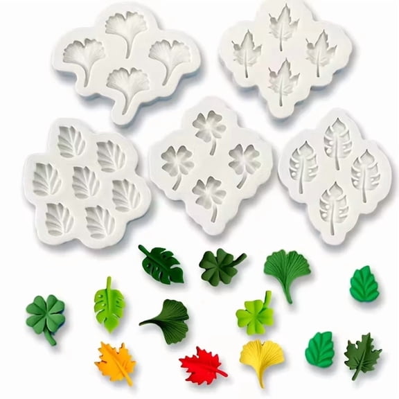 5 Pack Mini Silicone Leaf Molds - Ginkgo, Maple, Monstera, Clover - BPA Free for Baking & Crafting