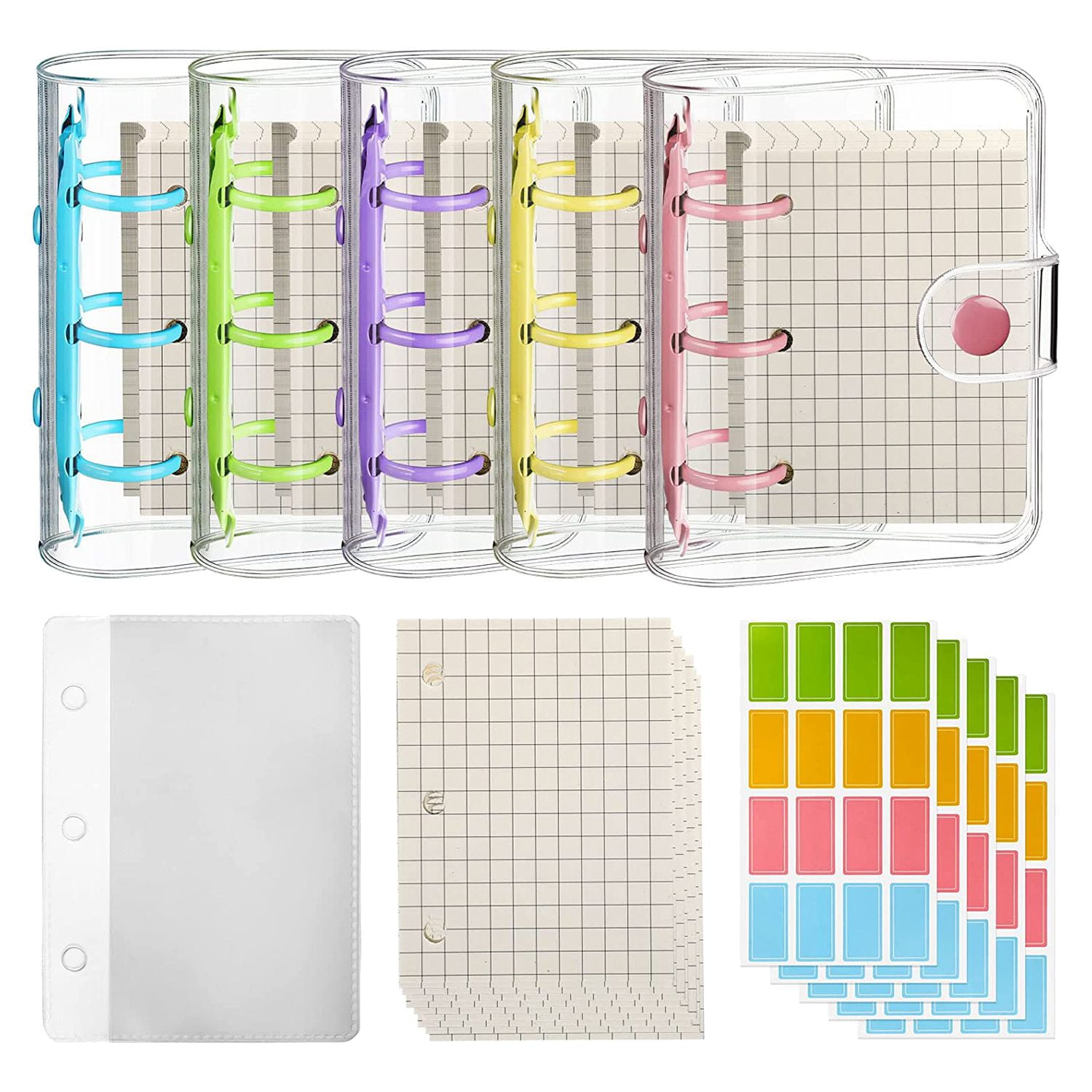 5 Pack Mini Transparent 3 Ring Binder Covers with Binder Inner Storage