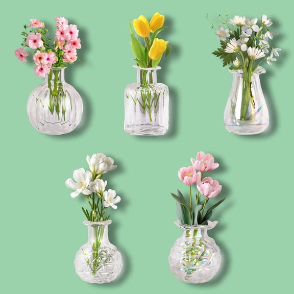 5 Pack Mini Vase Magnets for Fridge, Small Glass Flower Vase Magnets with Artificial Flowers, Cute Magnetic Refrigerator Decor for Kitchen Office Locker Home Aesthetic Decoration