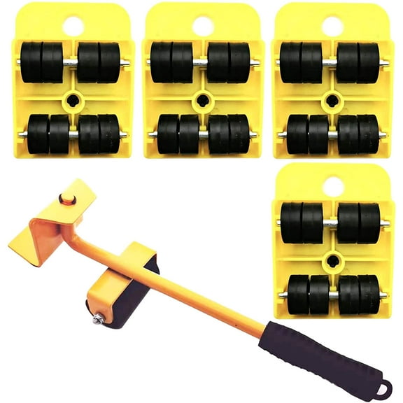 5 Pack Mover Tool Set Furniture Lifter Durable Heavy Appliance Furniture Lifting 360 Degree Rotatable Pads, 1 Lifting Rod and 4 Furniture Moving Rollers (Yellow)