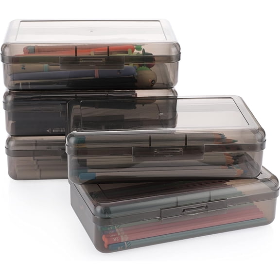 5 Pack Multipurpose Utility Storage Box- Large Capacity Pencil Box Stackable with Snap Lid Closure Pencil Holder Plastic Pencil Box for Organize Pencils Watercolor Pens (Grey)