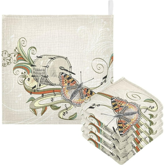 5 Pack Music Drum Butterfly Baby Muslin Washcloths, Floral Vintage Soft Absorbent Face Towel Burp Cloths Cotton Bath Wipes Infant Wash Cloth for Newborn Boys Girls