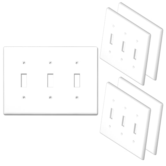 [5 Pack] NEU Triple Toggle Mid-Size Switch Cover Wall Plates, 3-Gang 6.5" x 4.75", Unbreakable Polycarbonate Thermoplastic, Glossy White