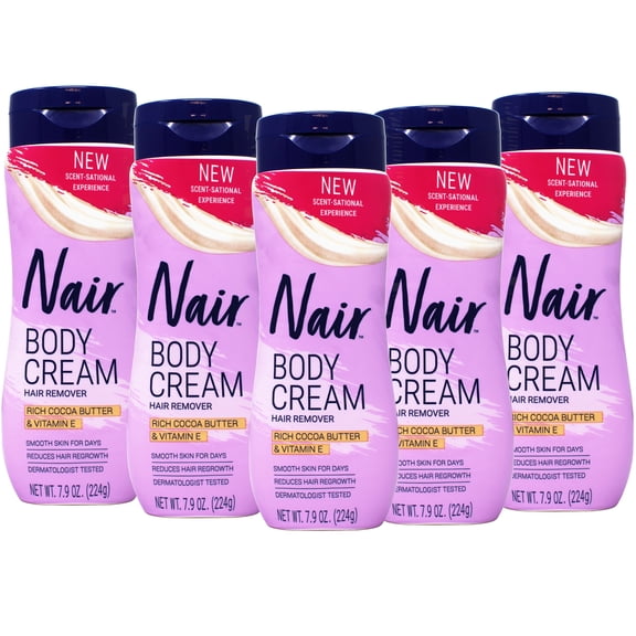 Nair Body Cream Hair Remover with Cocoa Butter and Vitamin E for Legs Arms Underarms Bikini Area 7.9 oz (Pack of 5)