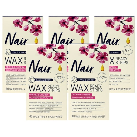 5 Pack Nair Hair Remover Wax Ready-Strips for Face & Bikini 40 Wax Strips