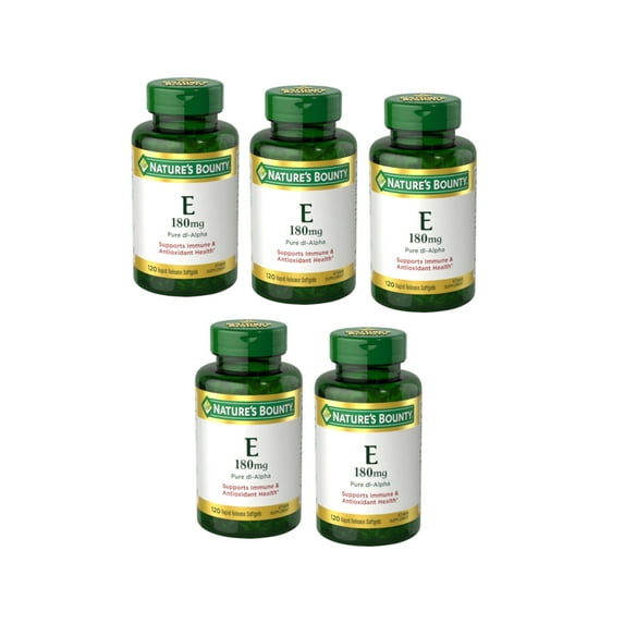 5 Pack - Nature's Bounty E 180mg Pure dI-Alpha Softgels, 120 Count