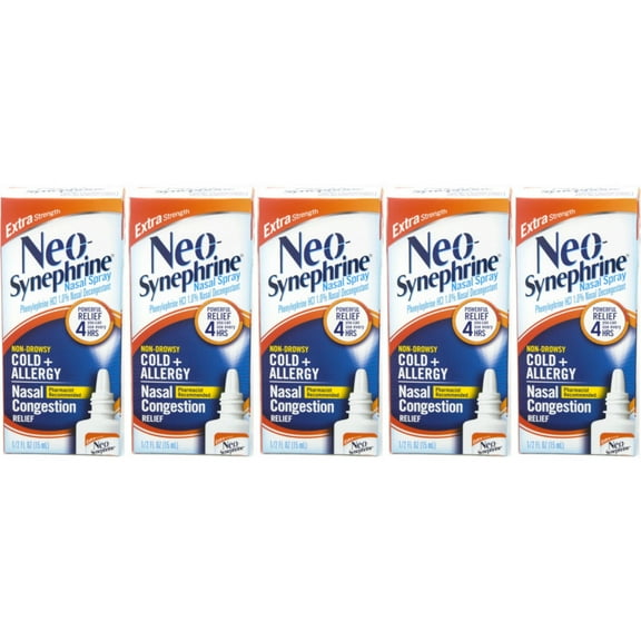 5 Pack Neo-Synephrine Nasal Spray, Extra Strength Formula, 0.50 Ounces Each