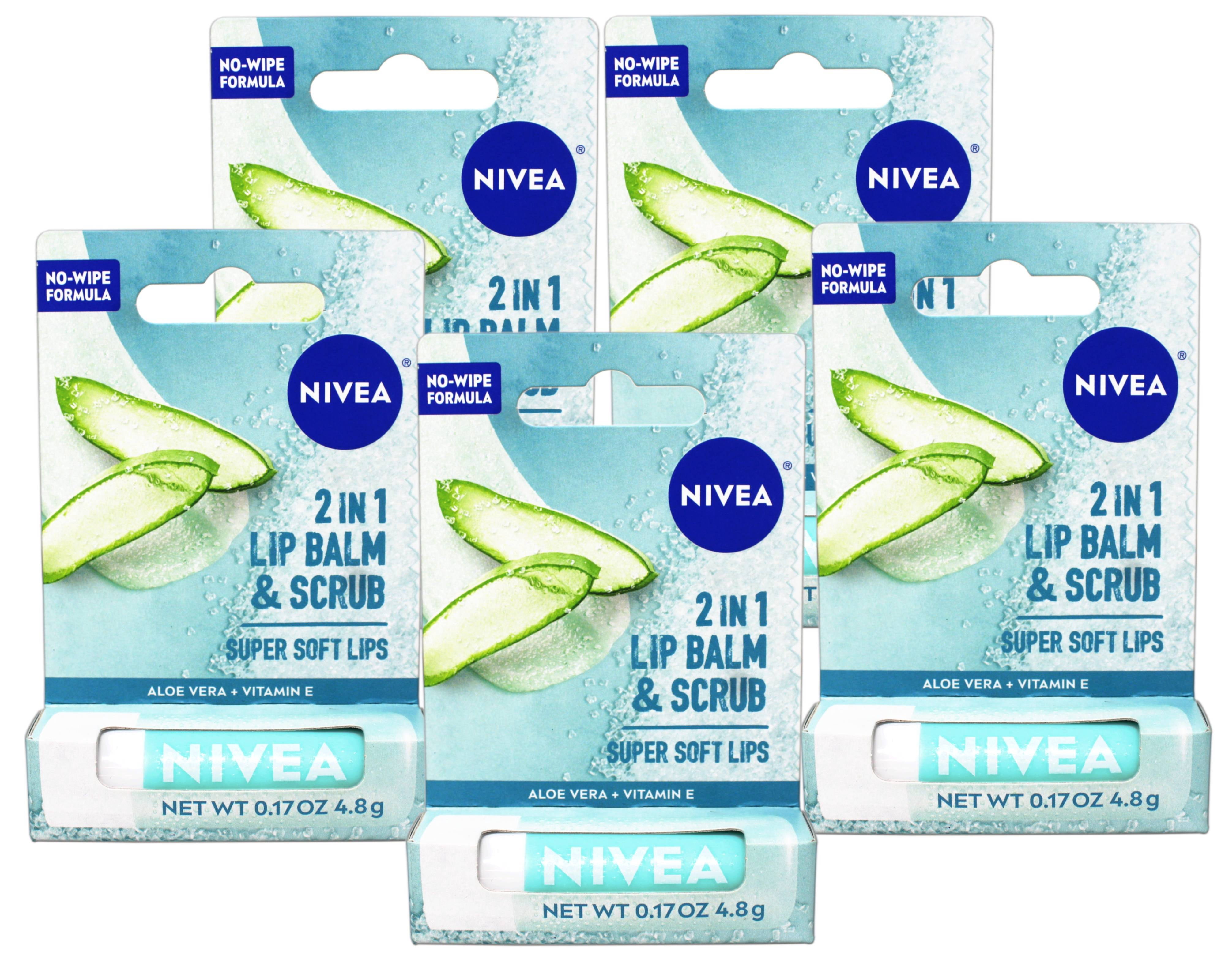 5 Pack - Nivea 2in1 Lip Balm & Scrub Super Soft Lips, Aloe Vera + Vitamin E, 0.17 oz (4.8 g)
