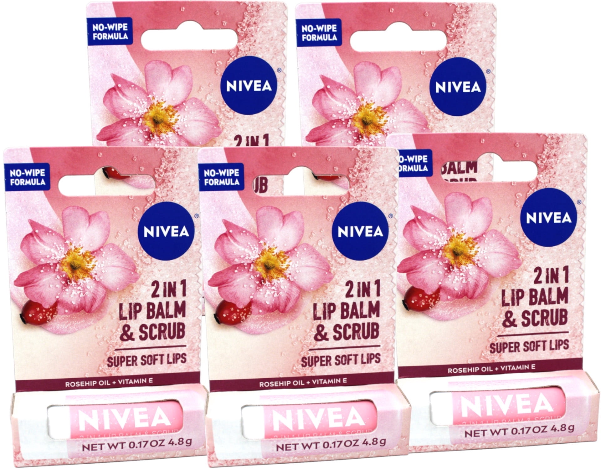 5 Pack - Nivea 2in1 Lip Balm & Scrub Super Soft Lips, Rosehip Oil + Vitamin E, 0.17 oz (4.8 g)