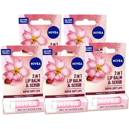 5 Pack - Nivea 2in1 Lip Balm & Scrub Super Soft Lips, Rosehip Oil + Vitamin E, 0.17 oz (4.8 g)