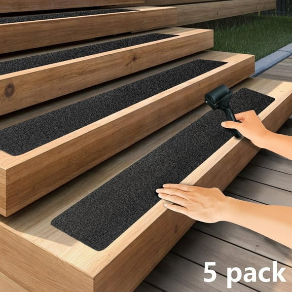 5 Pack Non-Slip Outdoor Stair Treads - 6‘ X 24’ Grip Tape Adhesive Strips for Steps, Stairs and Heavy Duty Grip Tape - Black