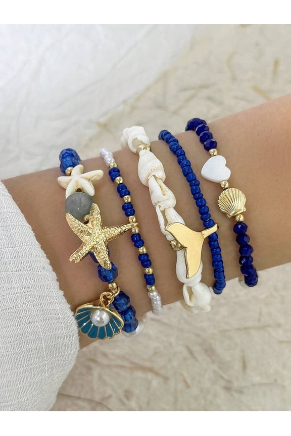 5-Pack Ocean Theme Beaded Stretch Bracelets with Starfish, Shell & Pearl Charms in Royal Blue