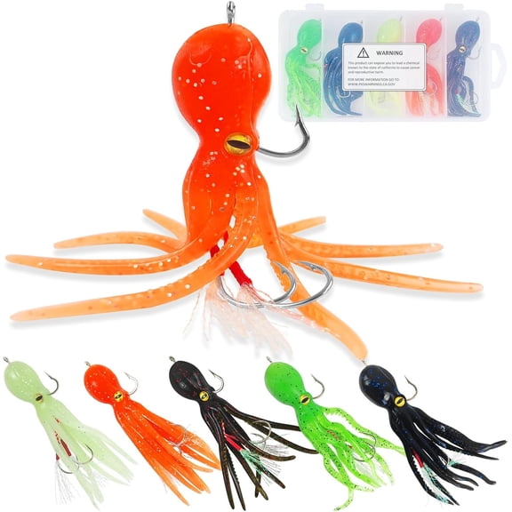5 Pack Octopus Fishing Soft Lures Swimbait with Skirt Tail Lingcod Rockfish Jigs Baits Trolling Lures for Saltwater Fishing