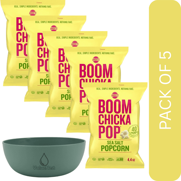 5 Pack Of Angies BOOMCHICKAPOP Sea Salt Popcorn 4.4oz Bag, Gluten-Free, Non-GMO Snack, With Olive Green Bowl By ValueNest