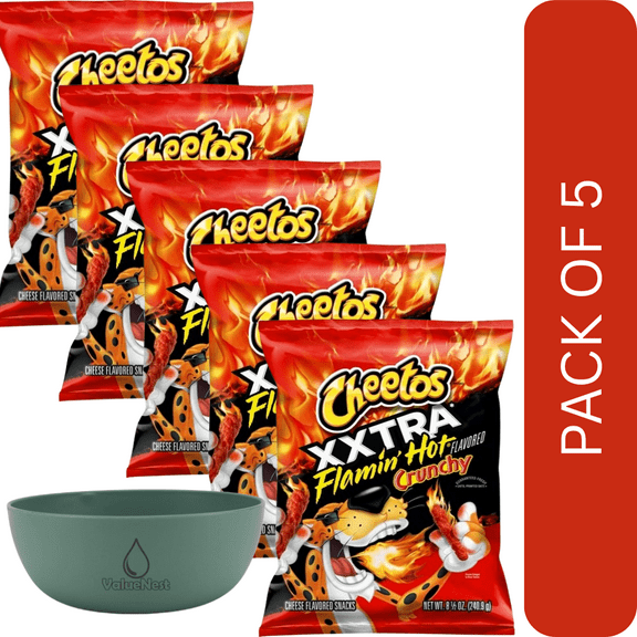 5 Pack Of Cheetos Crunchy XXTRA Flamin Hot Cheese Snack 8.5oz Bag, Extra Fiery Crunch, With Olive Green Bowl By ValueNest