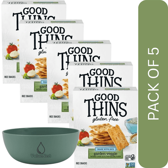 5 Pack Of Good Thins Garden Veggie Rice Snacks  Gluten-Free 3.5oz Box, Baked Veggie Crackers, With Olive Green Bowl By ValueNest
