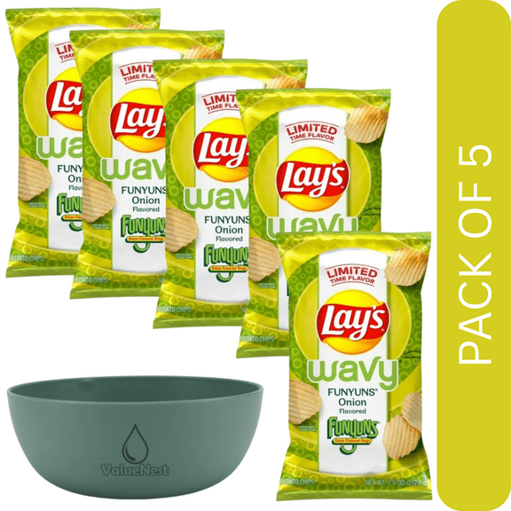 5 Pack Of Lay's Wavy Funyuns Onion Flavored Potato Chips, Crunchy Snack Chips, 7.5 oz Bag, With Olive Green Bowl By ValueNest