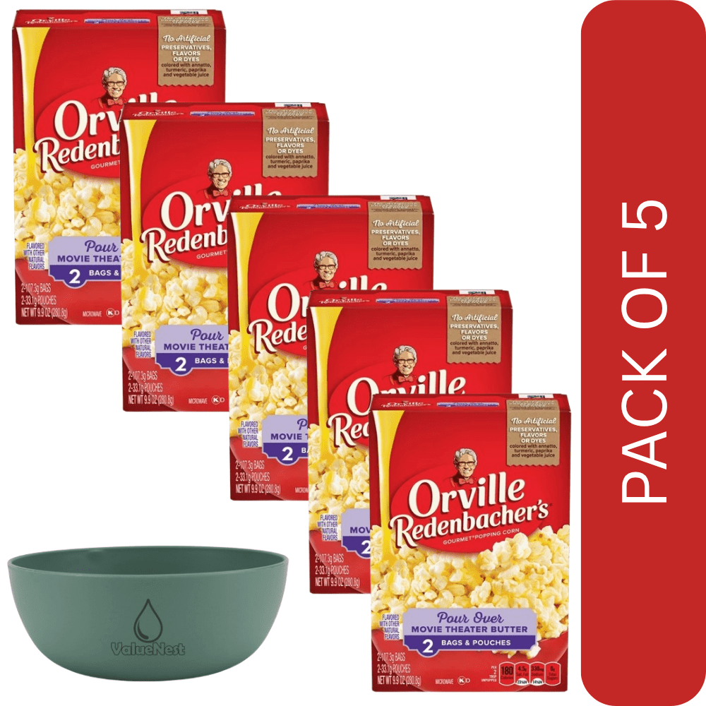 5 Pack Of Orville Redenbacher’s Pour‑Over Movie Theater Butter Popcorn – 2‑Count Microwave Kit, With Olive Green Bowl By ValueNest