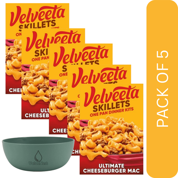5 Pack Of Velveeta Cheeseburger Macaroni Dinner Kit, Creamy & Easy Pasta Meal, 12.8 oz Box, With Olive Green Bowl By ValueNest