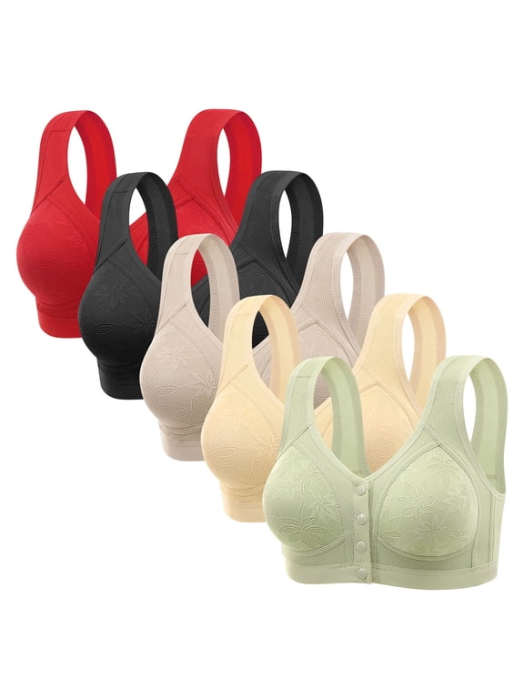 5 Pack Older Womens Bras Front Snap Closure Full Coverage Tshirt Bra No Underwire Senior Push Up Everyday Bralettes(Multicolor 36BC)