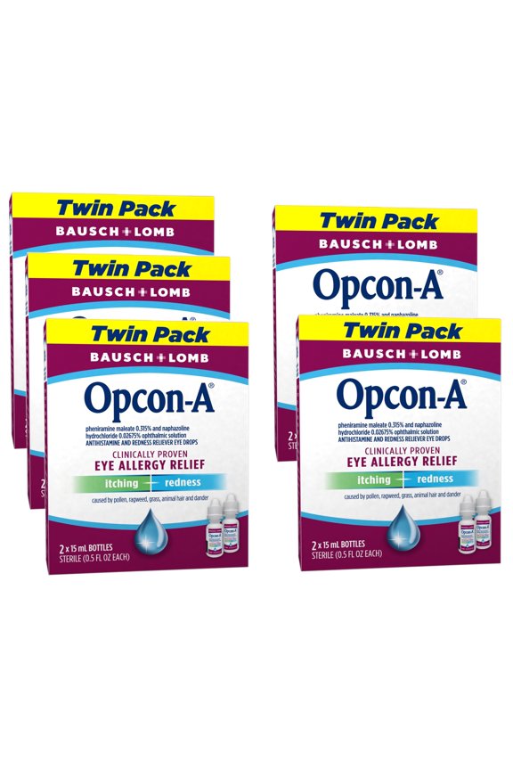 5 Pack - Opcon-A Eye Allergy Relief DropsAntihistamine and Redness Reliever Eye Dropsfrom Bausch + Lomb  0.5 FL OZ (15 mL) Twin Pack