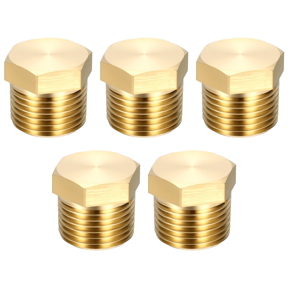 5 Pack Outer Hex Head Socket Pipe Plug Fitting, 3/8" NPT Male Threaded End Cap, Brass Outer Hex Thread Pipe Fittings for Water Pump, Engine, Industrial Piping