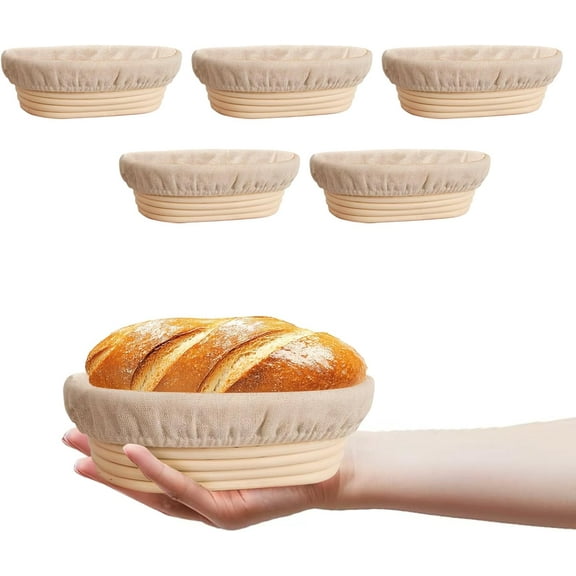 5 Pack 6 inch Oval Banneton Proofing Baskets, Natural Rattan Sourdough Bread Bowls with Linen Liners for Artisan Home Bakers